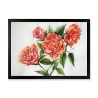 DesignArt 'narančaste vintage ruže s tradicionalnim uokvirenim umjetničkim printom zelenog lišća