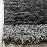 Vintage kožni tepih s pletenim resama na rubovima, Svijetlo siva, crna, 2' 3'