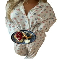 Ženske pidžame salon Set Strawberry Print Ocrtani ovratnik dugih rukava Košulje vrhovi i hlače odjeću odjeće