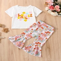 Ljetna odjeća za djevojčice, Majica kratkih rukava s printom slova, lepršave cvjetne hlače, ružičasta odjeća za