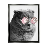 Modna mačka u glamuroznim ružičastim sunčanim naočalama, grafika, crno-bijeli ispis na platnu s plutajućim okvirom,