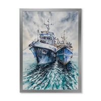 DesignArt 'plavi ribarski brodovi prije oluje usidrene' nautički i obalni uokvireni umjetnički tisak