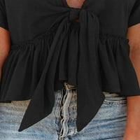 Ženske kratke rukave v vratne bluze ruffle rum rum vezanje prednjih obroka S-XL