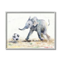Dječji slon iz džungle igra nogomet, preslatka životinja iz džungle, sivi okvir, 20 godina, Dizajn Georgea Diachenka