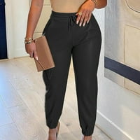 Clearance jogger hlače modne žene Čvrsti džepovi crtanje casual srednjeg struka kože duge hlače crne m