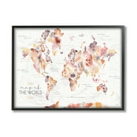 Apstraktna cvjetna karta svijeta akvarel Ružičasta ljubičasta Crna uokvirena Laura Marshall