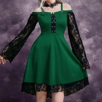 Bezbojna ženska retro gotička haljina dugih rukava s ramena, čipkasto spajanje, gotičke haljine A kroja, Vintage