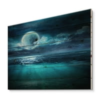 DesignArt 'romantični mjesec i oblaci preko dubokog plavog mora II' nautički i obalni tisak na prirodnom borovom