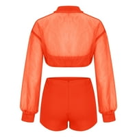 WAVSUF Ženski setovi plus vrhovi veličine i kratke hlače skretanje je čvrsti zip dugi rukav narančasti dva set