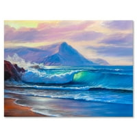 Plavi valovi koji se razbijaju na pejzažu na plaži I slikajući platno umjetnički tisak