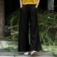 Rastezljive prozračne hlače s džepovima, široke pamučne i lanene hlače, Ženske hlače u crnoj boji
