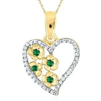 Prirodni dijamant od 0,15 karata, žuto zlato od 10 karata, smaragdni cvijet, privjesak za srce od 0,7