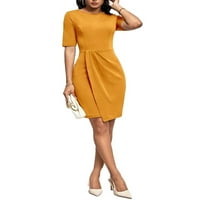 Ženske elegantne jednobojne žute haljine s okruglim vratom i kratkim rukavima;