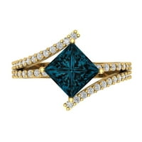 Dijamant izrezan Princess od 2 karata, prirodni londonski plavi topaz, 14-karatni pasijans od žutog zlata s umetcima,